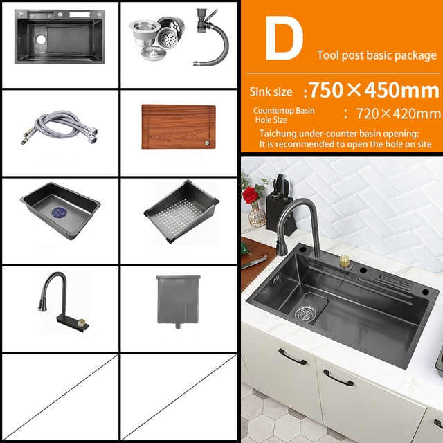 Kitchen Sink Black With Multifunction Touch Waterfall Faucet