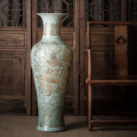 Oriental Ceramics Powder Celadon Glaze Carved Dragon