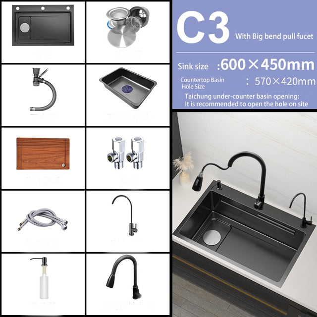 Kitchen Sink Black With Multifunction Touch Waterfall Faucet