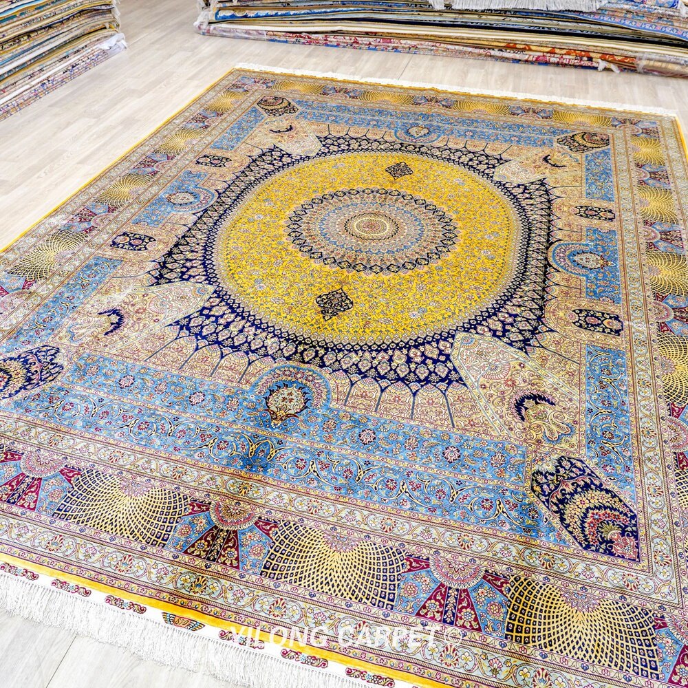 Large Vantage Persian Silk Rug Antique Yellow Medallion Turkish Silk Carpet