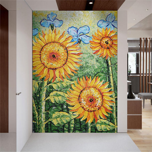 Sunflower art  glass mosaic tile mural design for lifelike wall decorate