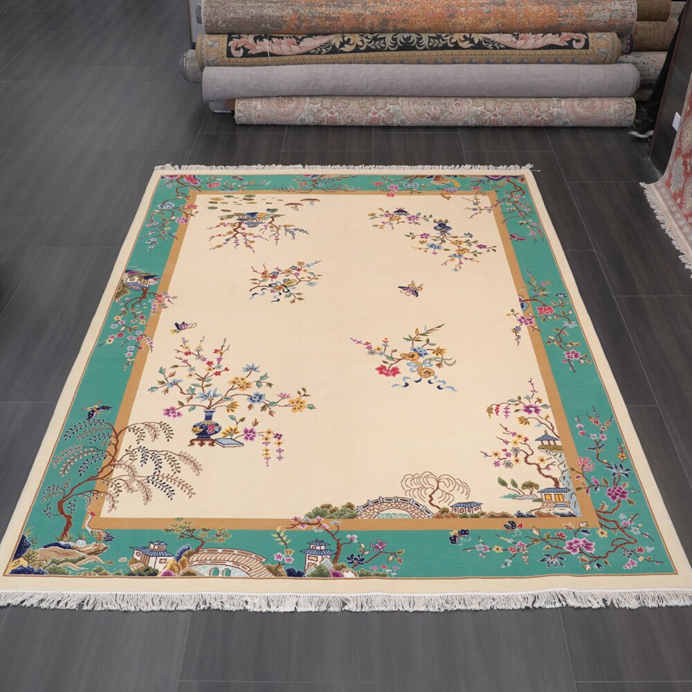 Large Size Hand Made Vintage Green Chinese Wool Carpet