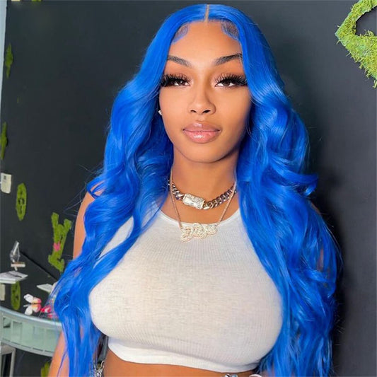 100% Real Human Hair Blue Coloured Body Wave Lace Front Wigs