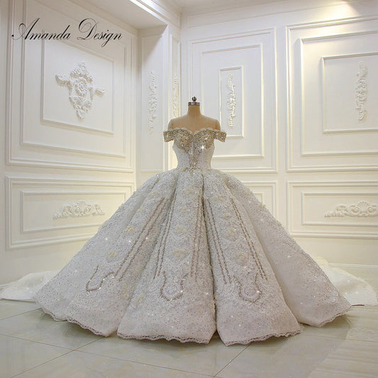 Amanda Chen Wedding Dress Off Shoulder Short Sleeves Lace/ Rhinestones Crystal
