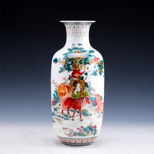 Oriental Ceramic Handed-Painted Sealed On the Horse Porcelain Vase
