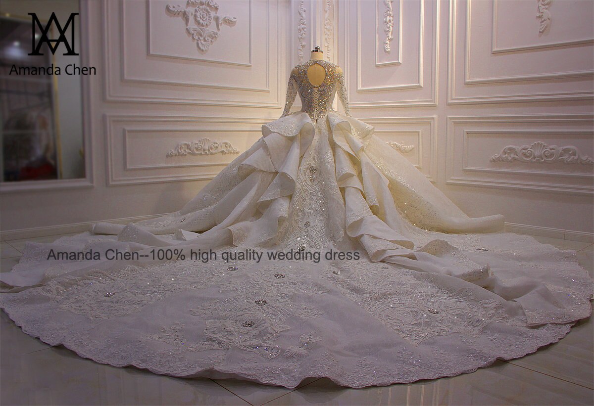 Amanda Chen Wedding Dress Design African Rhinestone Crystal Long Sleeve Long Train Luxury