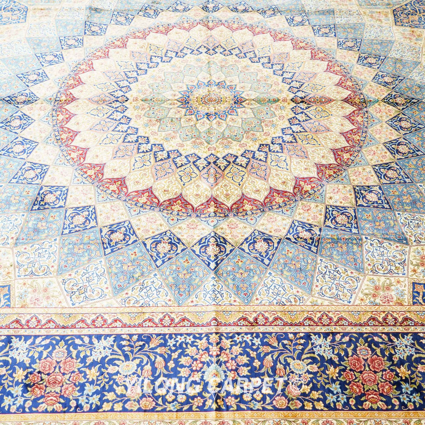 Persian Rug Large Antique Blue Hereke Hand Knotted Qum Carpet