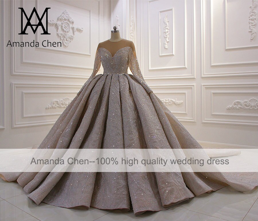 Amanda Chen Wedding Dress Long Sleeve Luxury Rhinestone Crystal Royal