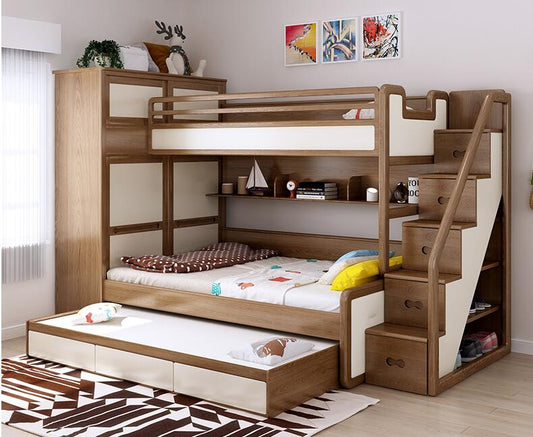 Full round solid wood multi-functional combined bed