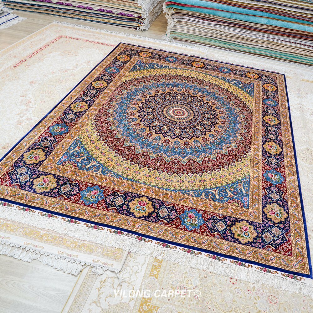 Handwoven Silk Persian Rug Medallion Unique Design Carpet