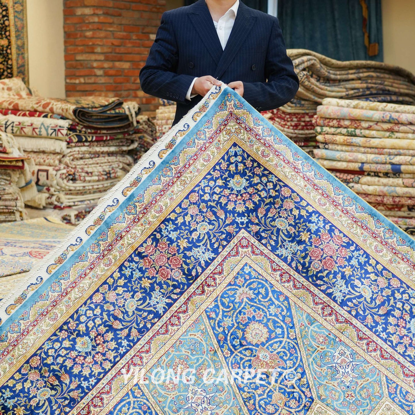 Persian Rug Large Antique Blue Hereke Hand Knotted Qum Carpet