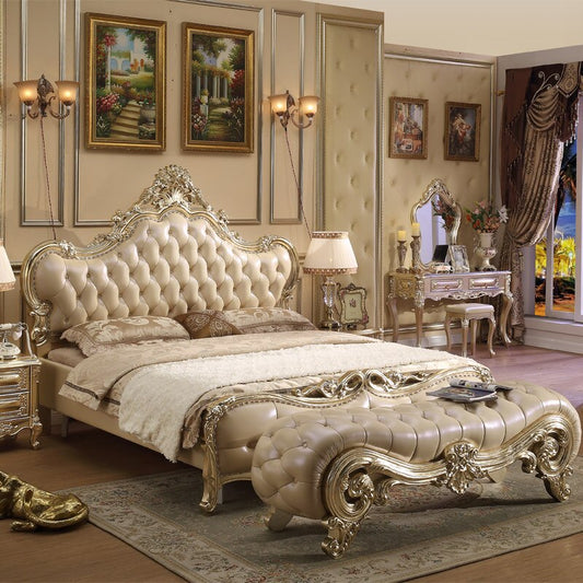 European Style Leather Full Solid Wood Bed