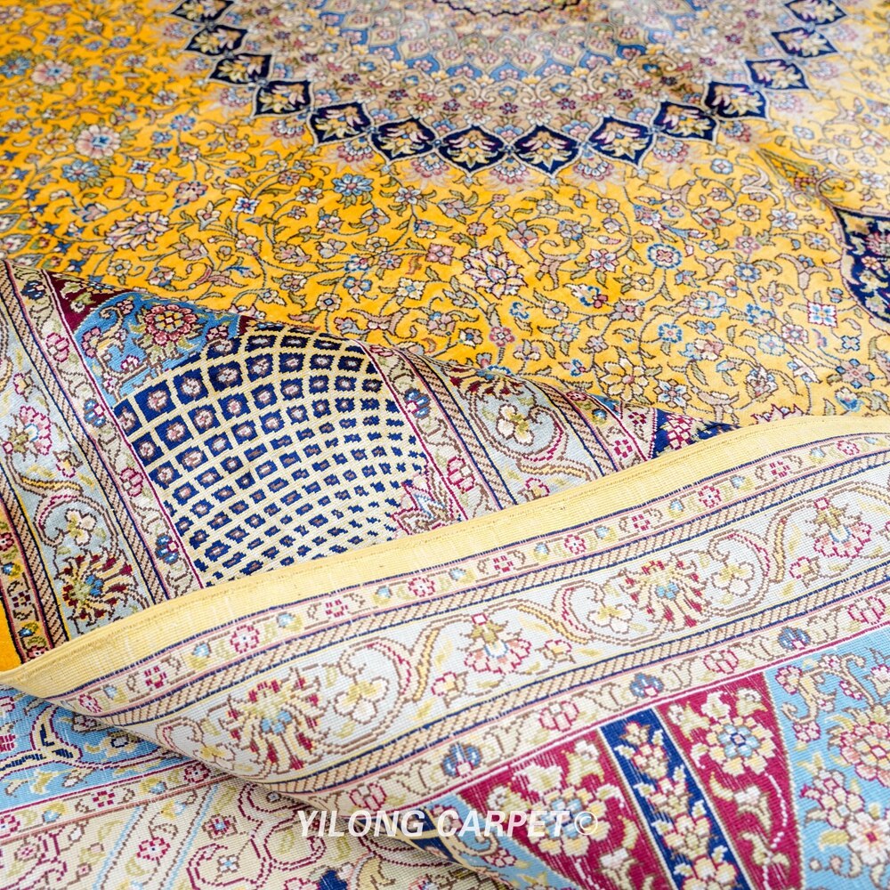 Large Vantage Persian Silk Rug Antique Yellow Medallion Turkish Silk Carpet