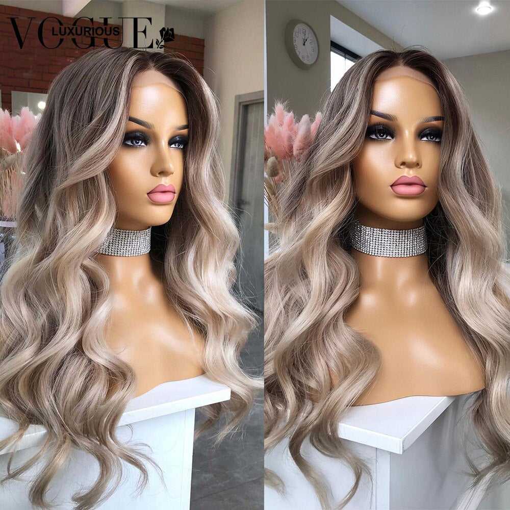 100% Human Hair Ombre Ash Grey Body Wave Lace Front Wig
