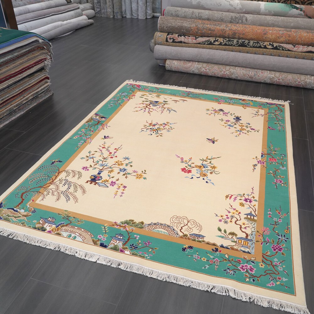 Large Size Hand Made Vintage Green Chinese Wool Carpet