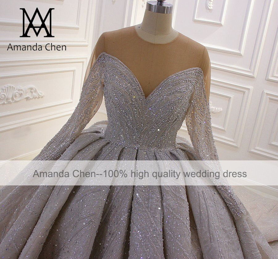 Amanda Chen Wedding Dress Long Sleeve Luxury Rhinestone Crystal Royal