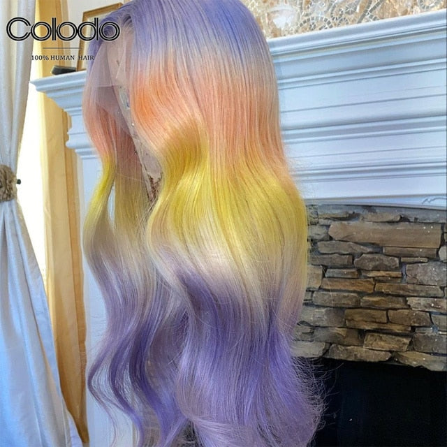 Original (Not Fake) COLODO 100% Real Human Hair Rainbow Ombre Lace Front Wig