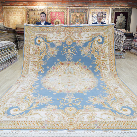 Top Turkish Wool Silk Carpet Hand Knotted Blue Exquisite Persian Wool Rug