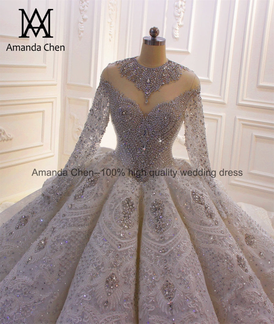 Amanda Chen Wedding Dress Design African Rhinestone Crystal Long Sleeve Long Train Luxury