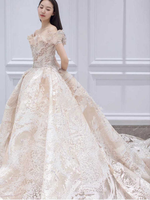Genuine Dress with lace off-the-shoulder Vestido De Noiva luxury wedding dress Robe De Soiree bride